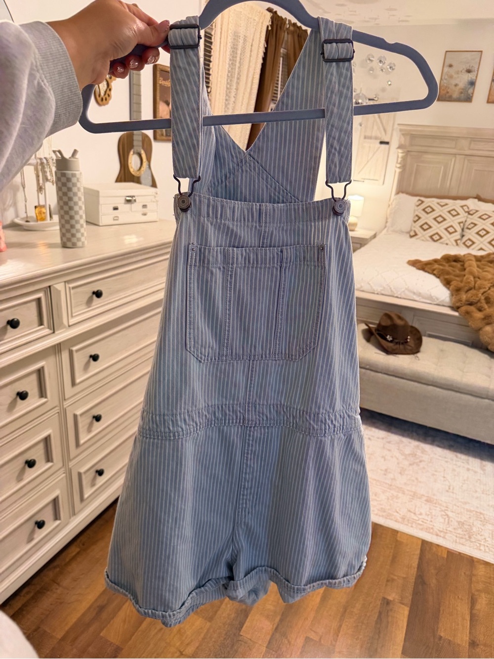 Women’s Denim Pin-Striped Overall Shorts - Blue